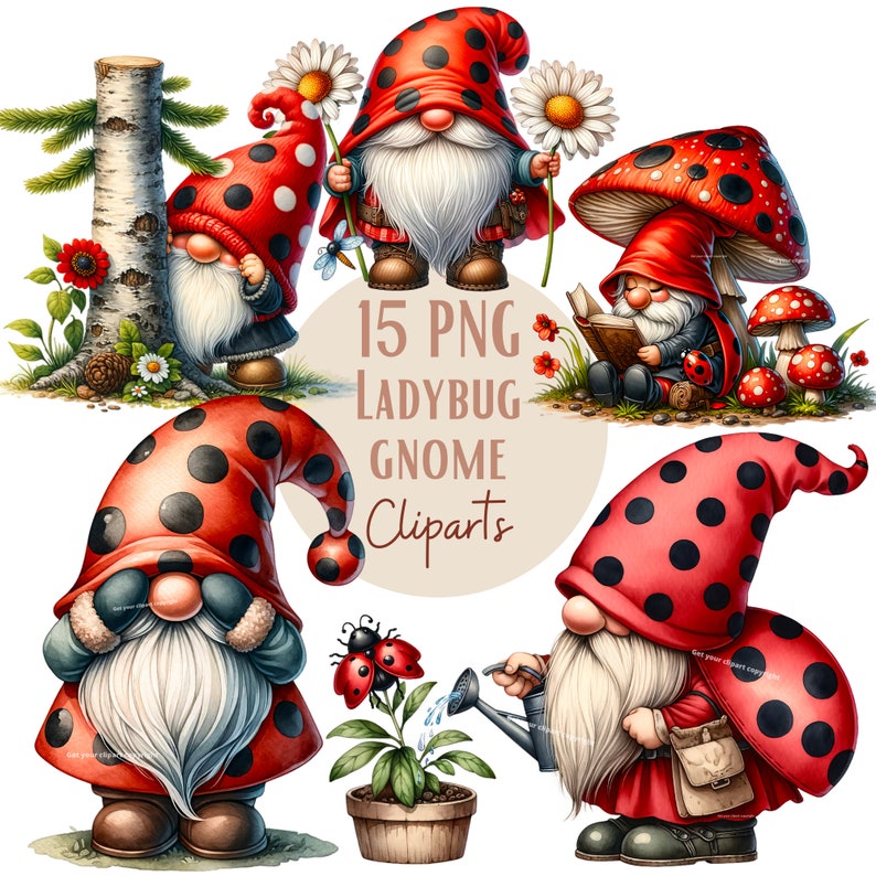 Ladybug Gnome clipart bundle, Gnome clipart, Spring gnome png graphics, Spring sublimation, Transparent background, Commercial Use image 3