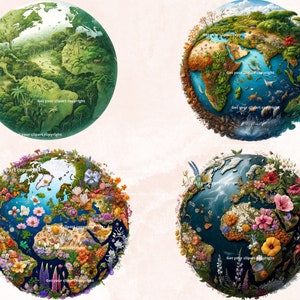 Peut inclure: Quatre illustrations de la Terre, chacune repr&eacute;sentant un biome diff&eacute;rent. La premi&egrave;re montre une jungle verte et luxuriante. La deuxi&egrave;me montre un d&eacute;sert brun et sec. La troisi&egrave;me montre un oc&eacute;an bleu avec des r&eacute;cifs coralliens. La quatri&egrave;me montre une prairie color&eacute;e avec des fleurs.