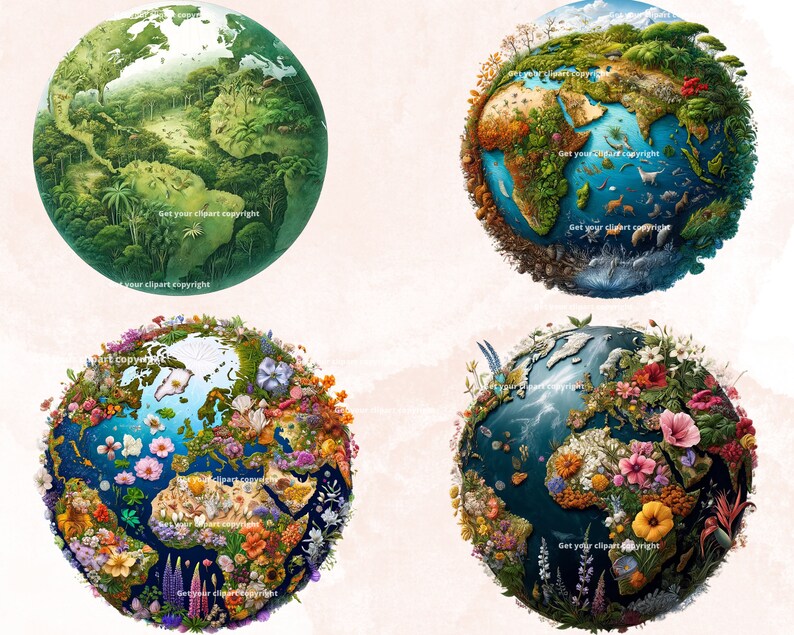 Peut inclure: Quatre illustrations de la Terre, chacune repr&eacute;sentant un biome diff&eacute;rent. La premi&egrave;re montre une jungle verte et luxuriante. La deuxi&egrave;me montre un d&eacute;sert brun et sec. La troisi&egrave;me montre un oc&eacute;an bleu avec des r&eacute;cifs coralliens. La quatri&egrave;me montre une prairie color&eacute;e avec des fleurs.