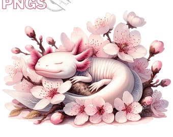 Set illustraties van Axolotl en bloemen, aquarel clipart voor al uw creatieve en professionele projecten