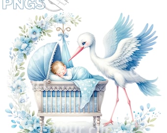 Zestaw ilustracji przedstawiających narodziny lub babyshower, kliparty w stylu akwareli do wszystkich Twoich kreatywnych i profesjonalnych projektów