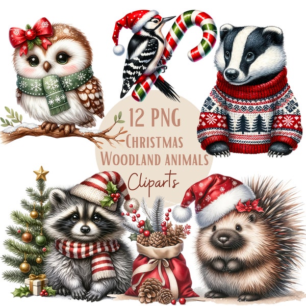 Christmas Woodland animals clipart bundle, Woodland graphics, Animals clip art designs, Transparent background, Commercial use, Set of 10