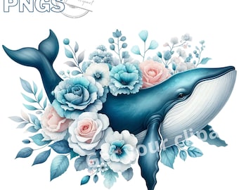 Whales with flowers clipart bundle, Whales clipart, Tropical designs, Ocean graphics, With commercial use