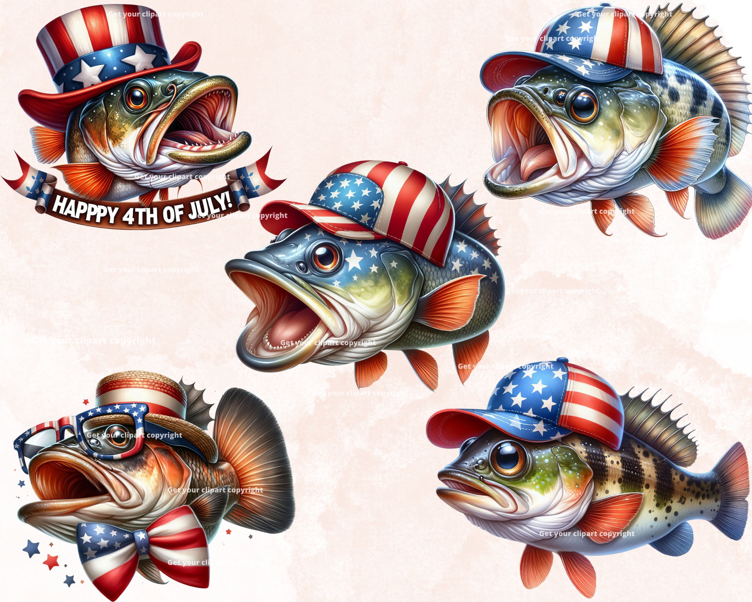 Hello July Fish Frame 4th of July Funny Fish Clipart Bundle, Independence Day Clipart, 4th of ...