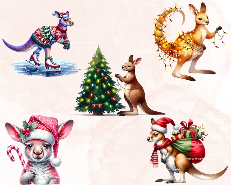 Christmas kangaroo clipart bundle, Australia graphics, Kangaroo clip art designs, Transparent background, Commercial use, Set of 10 image 3