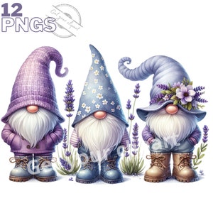 Ensemble d'illustrations de gnomes lavande, cliparts d'été pour tous vos projets créatifs, usage commercial inclus