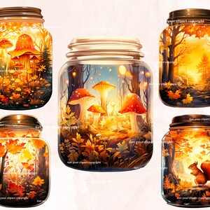 May include: Five glass jars with metallic lids, each depicting an autumnal scene. The jars contain illustrations of forests, mushrooms, and a squirrel, all in warm orange and yellow tones. The jars are filled with detailed, whimsical artwork.