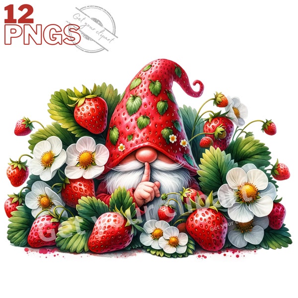 Ensemble d'illustrations de gnomes fraise, cliparts de printemps pour tous vos projets créatifs, usage commercial inclus