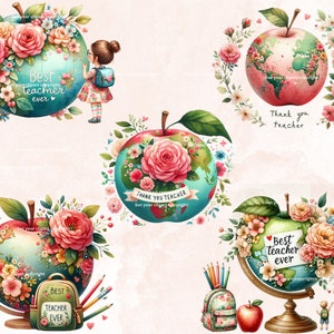 Puede incluir: Un conjunto de cinco ilustraciones digitales que presentan un globo terr&aacute;queo con flores y una manzana en la parte superior. El globo est&aacute; decorado con flores y el texto "Mejor maestro de todos los tiempos" y "Gracias maestro".