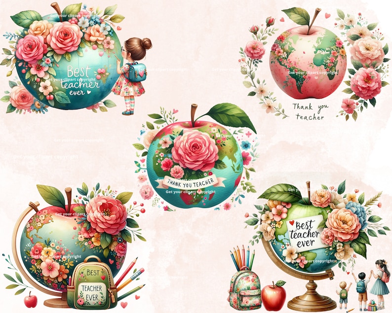 Puede incluir: Un conjunto de cinco ilustraciones digitales que presentan un globo terr&aacute;queo con flores y una manzana en la parte superior. El globo est&aacute; decorado con flores y el texto "Mejor maestro de todos los tiempos" y "Gracias maestro".
