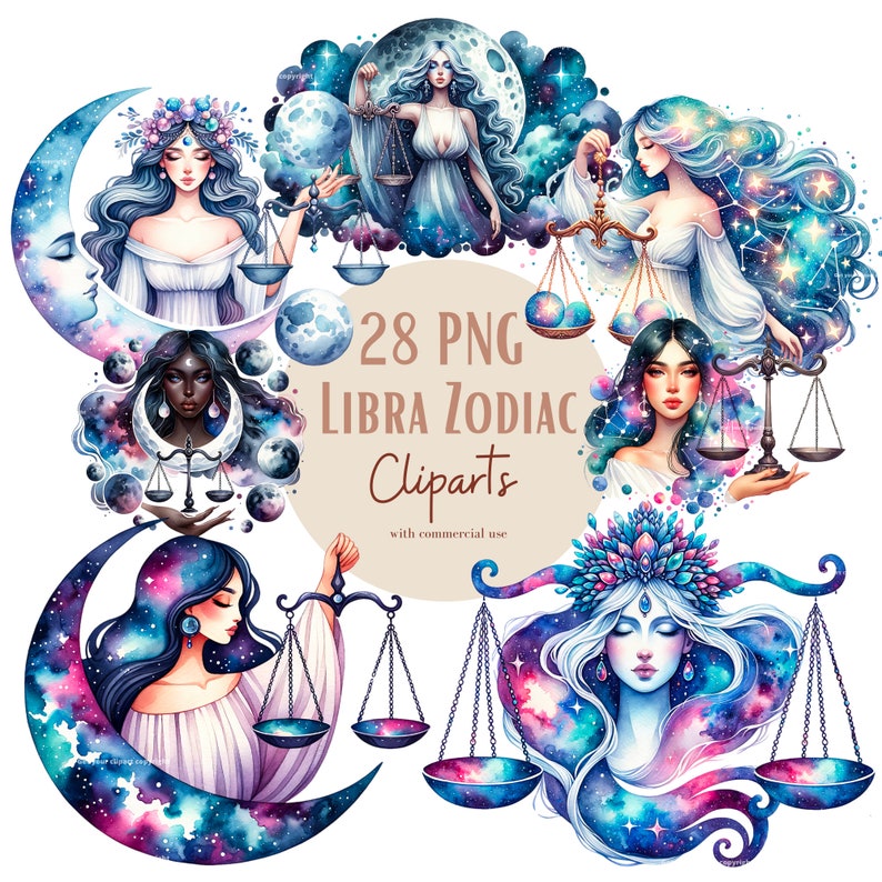 May include: A set of 28 digital clipart images featuring watercolor illustrations of Libra zodiac signs. Each image depicts a woman with a celestial theme, holding a scale, and surrounded by stars and moons. The text "28 PNG LIBRA ZODIAC Cliparts with commercial use" is displayed in the center of the image.