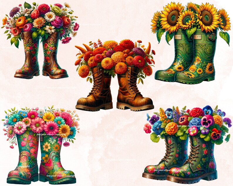 May include: Four pairs of colorful rain boots with different floral arrangements in each. The boots are all different styles and colors, with some having a more rustic look and others having a more modern look.