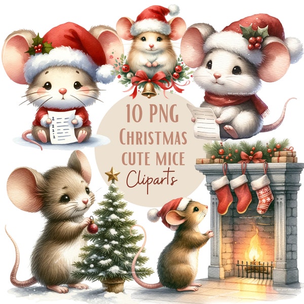 Christmas mice clipart bundle, Cute mice, Set of 10, Transparent background, Commercial use, Instant download