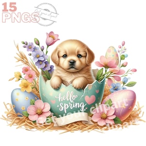 Ensemble d'illustrations de chiots dans un oeuf de Pâques pour tous vos projets créatifs et professionnels, usage commercial inclus