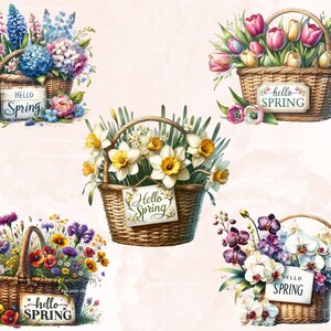K&ouml;nnte beinhalten: Vier Weidenk&ouml;rbe gef&uuml;llt mit Fr&uuml;hlingsblumen. Die K&ouml;rbe haben Schilder mit der Aufschrift "Hello Spring". Die Blumen umfassen Tulpen, Narzissen, Orchideen und eine Mischung aus Wildblumen.
