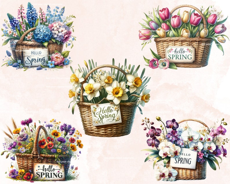 K&ouml;nnte beinhalten: Vier Weidenk&ouml;rbe gef&uuml;llt mit Fr&uuml;hlingsblumen. Die K&ouml;rbe haben Schilder mit der Aufschrift "Hello Spring". Die Blumen umfassen Tulpen, Narzissen, Orchideen und eine Mischung aus Wildblumen.