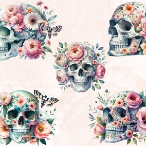 May include: Five white sugar skulls with floral arrangements on a pink background. Each skull is adorned with pink, white, and blue flowers, butterflies, and greenery.