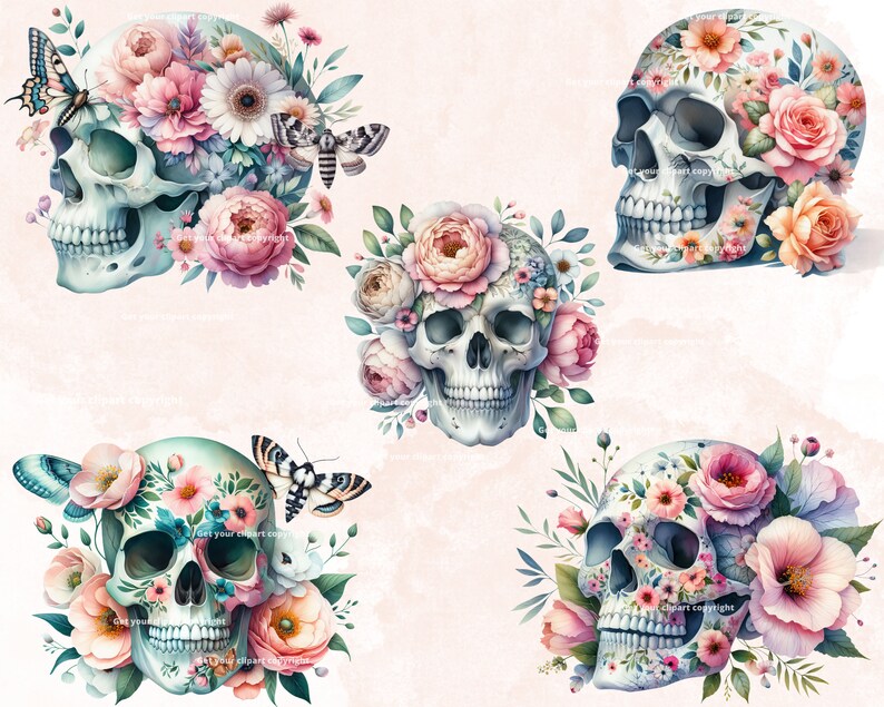 May include: Five white sugar skulls with floral arrangements on a pink background. Each skull is adorned with pink, white, and blue flowers, butterflies, and greenery.