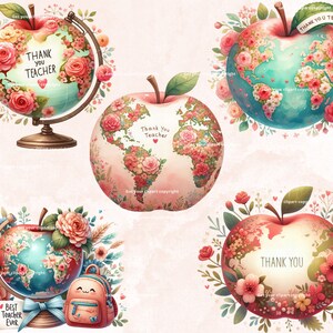 Puede incluir: Cinco ilustraciones de acuarela de globos con acentos florales. Cada globo tiene forma de manzana y presenta un mapa del mundo con flores rosas y rojas. El texto "Gracias profesor" aparece en cuatro de los globos. El quinto globo tiene el texto "Mejor profesor de todos los tiempos".