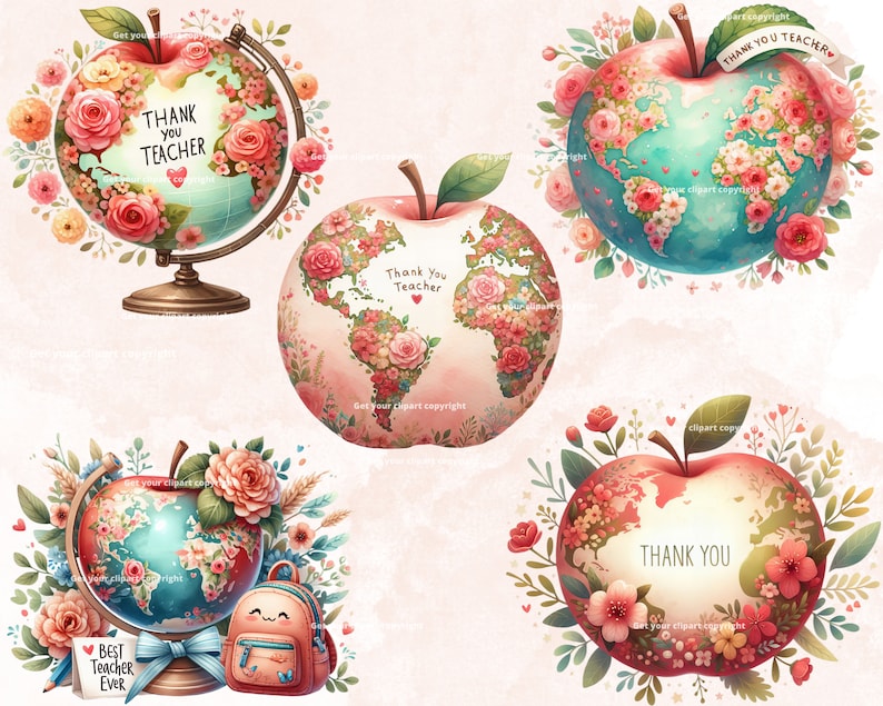 Puede incluir: Cinco ilustraciones de acuarela de globos con acentos florales. Cada globo tiene forma de manzana y presenta un mapa del mundo con flores rosas y rojas. El texto "Gracias profesor" aparece en cuatro de los globos. El quinto globo tiene el texto "Mejor profesor de todos los tiempos".