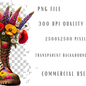 May include: A colorful floral arrangement in a brown leather boot with a yellow, red, and green floral pattern. The boot is decorated with a variety of flowers, including red poppies, yellow daisies, and purple lupines.