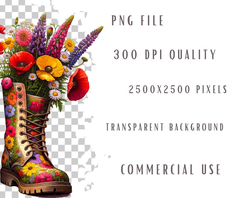 May include: A colorful floral arrangement in a brown leather boot with a yellow, red, and green floral pattern. The boot is decorated with a variety of flowers, including red poppies, yellow daisies, and purple lupines.