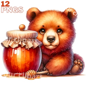 Ensemble d'illustrations d'ours et de miel, Cliparts d'ours façon aquarelle pour tous vos projets créatifs et professionnels