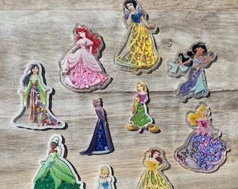 Agitadores acrílicos princesas / Ariel, Bella, Tiana, Cenicienta, Blancanieves, Elsa / Centro de lazos para el cabello, Llavero, Adorno de álbum de recortes