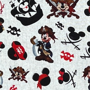 May include: A white fabric with a repeating pattern of Mickey Mouse dressed as a pirate, skulls and crossbones, and Mickey Mouse heads. The fabric is perfect for crafting projects like quilting, sewing, and making bags.
