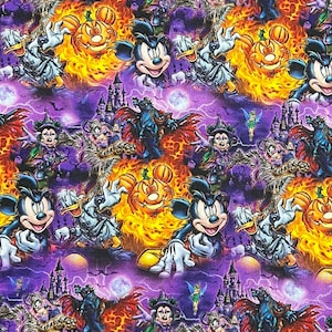 May include: A purple and orange Halloween themed fabric with a repeating pattern of Mickey Mouse, pumpkins, and a castle. The fabric features a spooky and festive design.