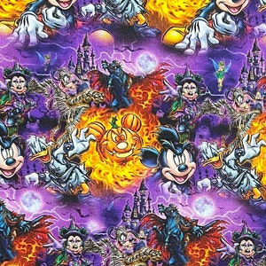 May include: A vibrant, repeating pattern featuring Disney characters in Halloween costumes. Mickey Mouse, Donald Duck, and Goofy are depicted in spooky attire, surrounded by castles, bats, and a glowing jack-o'-lantern against a purple and orange background.