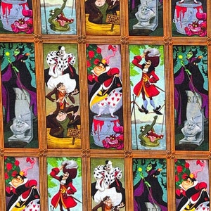 Haunted Mansion Villain Stretch Painting Print 100% Cotton Fabric | Captain Hook, Maleficent, Cruella de Vil, Queen of Hearts