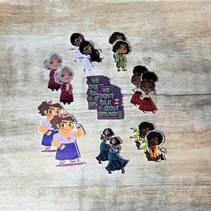 May include: A set of 10 colorful stickers featuring characters from the animated film Encanto. The stickers feature the characters Mirabel, Bruno, and others. The stickers are printed on a white background and have a glossy finish. The stickers are perfect for adding a touch of Disney magic to your laptop, water bottle, or planner.