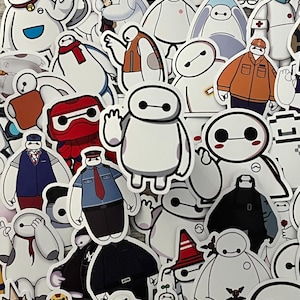 May include: A collection of white vinyl stickers featuring the character Baymax from the movie Big Hero 6. The stickers depict Baymax in various outfits and poses, including a firefighter, a police officer, and a superhero. The stickers are die-cut and have a glossy finish.