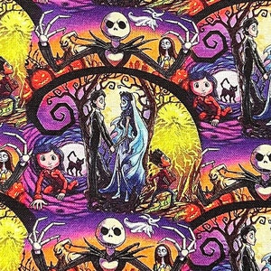 May include: A vibrant fabric featuring a repeating pattern of characters from animated films. The design includes Jack Skellington, Sally, and other figures set against a backdrop of purple, orange, and yellow hues. The artwork has a whimsical, spooky theme.