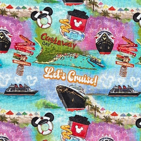 Castaway Cay Let's Cruise Vacation Print 100% Cotton Fabric