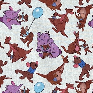 May include: A colorful fabric with a repeating pattern of cartoon characters. The characters include a purple elephant, a kangaroo, and a piglet. The background is a light blue color.