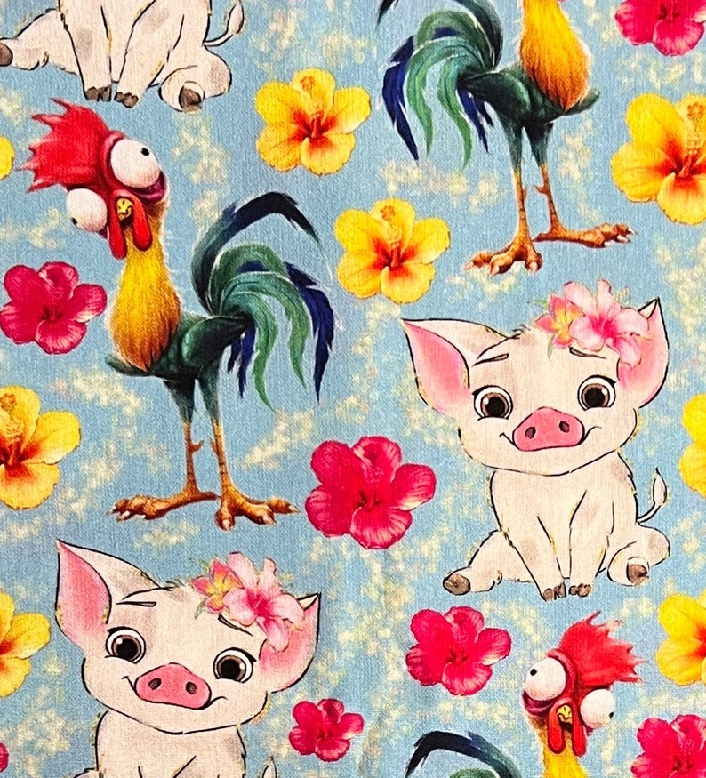 May include: A blue background with a repeating pattern of pink flowers, yellow flowers, a rooster with a red comb and a pig with a pink flower in its hair.