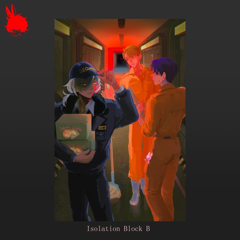 May include: An illustration depicts three figures in a dimly lit corridor. One figure, in a security uniform, holds boxes labeled "Delicious Donuts." Two others wear orange jumpsuits. The text "Isolation Block B" is at the bottom.