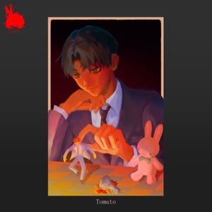 May include: An illustration featuring a person in a suit, with a small figure and a pink bunny toy. The person is looking down, with a hand near the chin. The word "Tomato" is at the bottom.