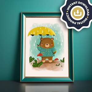 Playful Bear in the Rain Illustration - Baby animals nursery art collection - DIGITAL DOWNLOAD