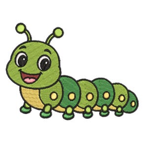May include: An embroidered image of a smiling green caterpillar with a segmented body, antennae, and small feet. The caterpillar has a yellow underbelly and a smiling red mouth. The design has a textured appearance.