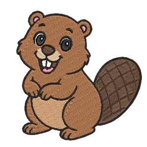 May include: A cartoon-style embroidered beaver with a friendly expression. The beaver is brown with a lighter brown belly and a large, flat tail. It has big, black eyes, a pink tongue, and a wide smile.
