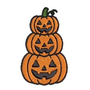 May include: An embroidered patch featuring a stack of three orange jack-o'-lantern pumpkins with black stitched facial features. The top pumpkin has a green stem and a small black vine curl. The design is outlined in a thick black border.
