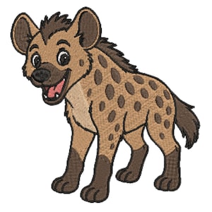 Op de afbeelding: Geborduurd cartoon hyena ontwerp. De hyena is weergegeven in bruin- en bruintinten, met donkerbruine vlekken en details. Het heeft een vrolijke uitdrukking, mond open om een roze tong te laten zien. Geschikt voor knutselprojecten, ideaal voor kinderkleding.