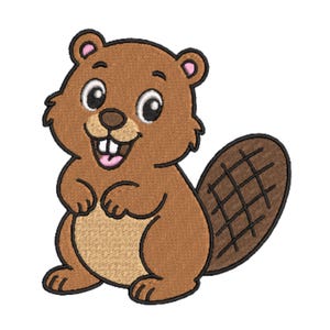 May include: An embroidered patch featuring a cartoon beaver with brown fur, a light tan belly, and a dark brown cross-hatched tail. The beaver has large white eyes, a small nose, and two visible front teeth, all outlined in black thread.