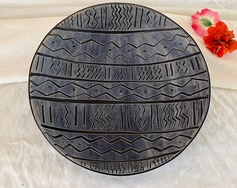 Blue Carved Soapstone Bowl - Geometric Design - Africa