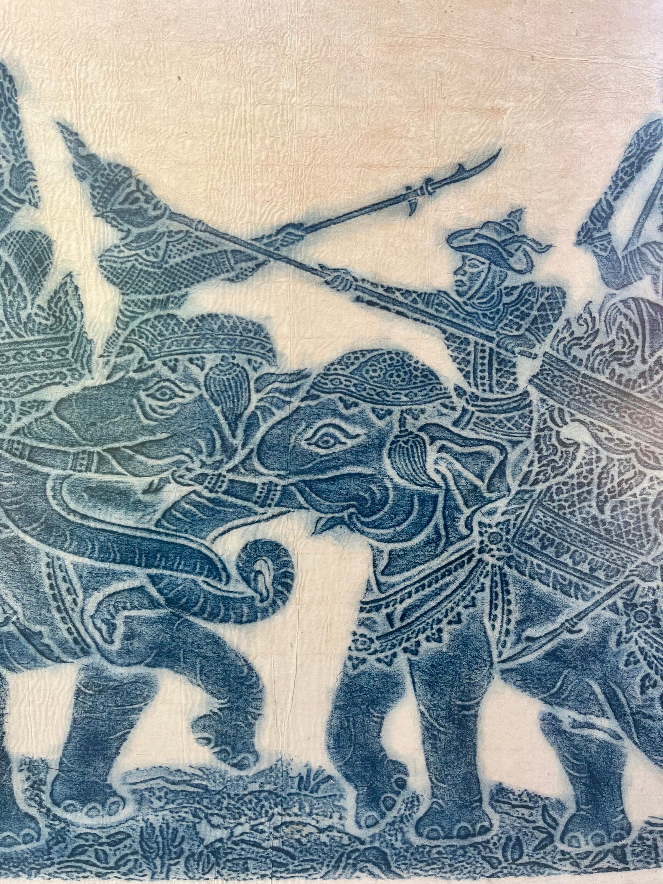Frottement D'art Traditionnel Thaïlandais Sur Papier De Riz, Guerrier à Dos D'éléphant, Vintage, Paire