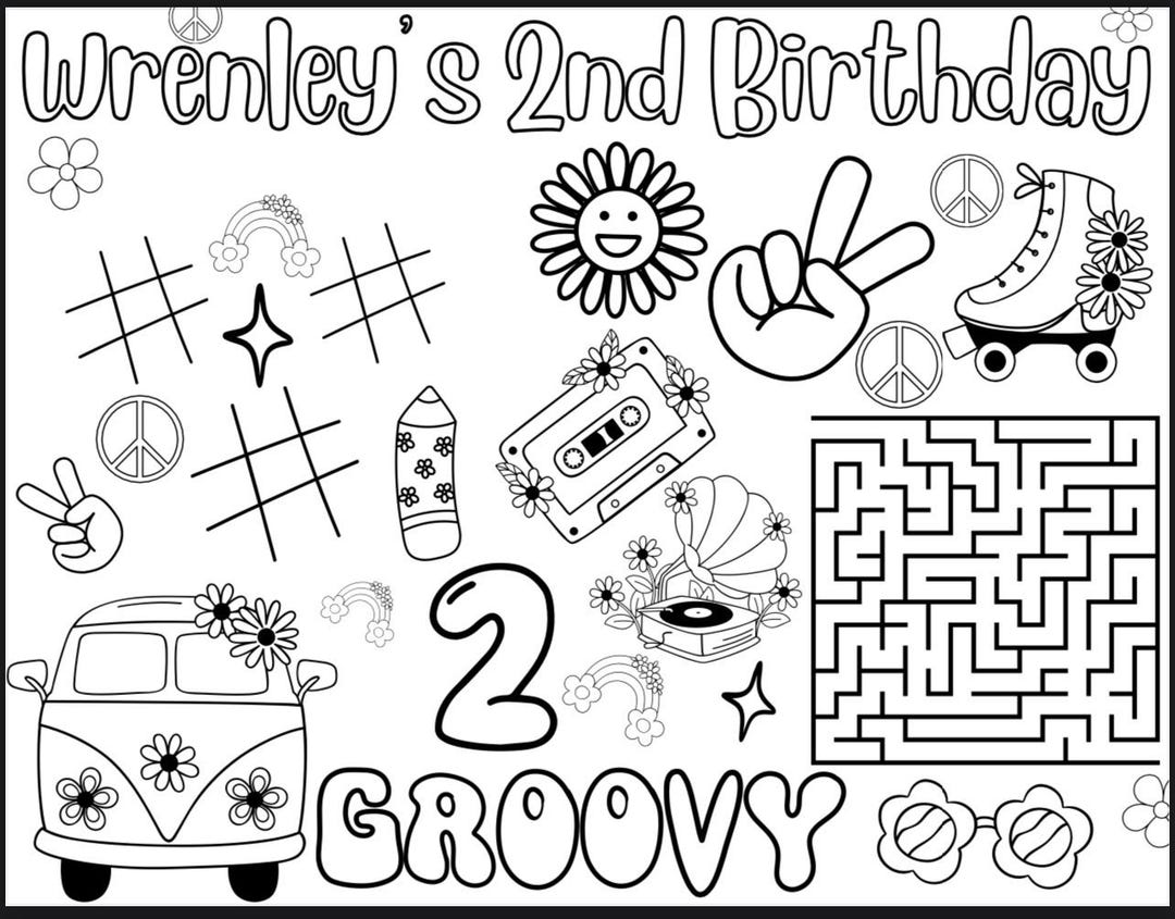 2 Groovy Birthday Coloring Pages: Retro Toddler Party Activity (digital ...