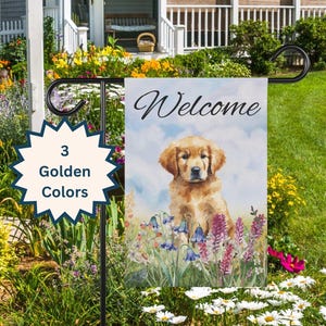 Custom Golden Retriever Welcome Flag 12x18 Summer Wildflower Golden Retriever Gift Floral Banner Personalized Golden Mom Flower Garden Decor